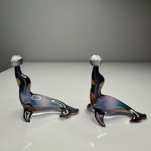 2 Vintage Hand Blown Glass Sea Lion Figurines w/Crystal Ball